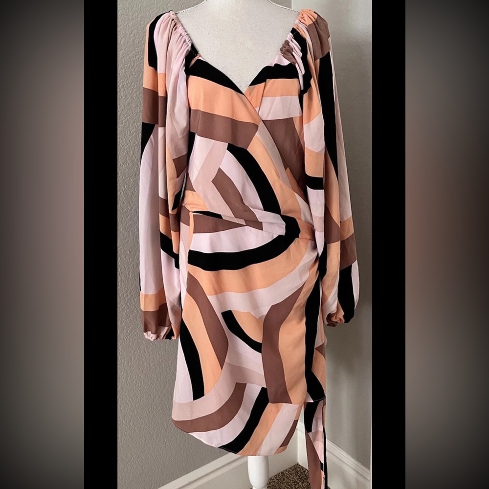 Anthropologie Hutch Geo Wrap Mini Dress Puff Sleeves 2X Retro Party Vegas Trip - Picture 4 of 7